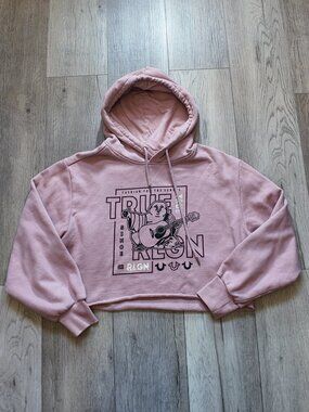 True Religion Pink Cropped Hoodie Womens Large Buddha Graphic Raw Hem Sweatshirt